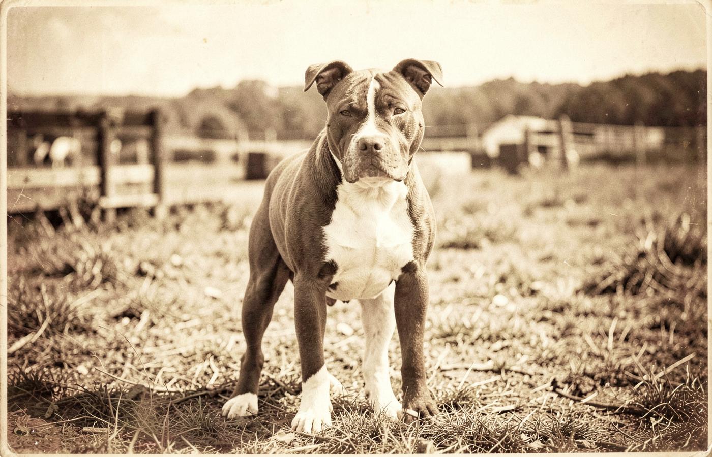 A vintage-style photograph of a pitbull-type farm dog standing in a field