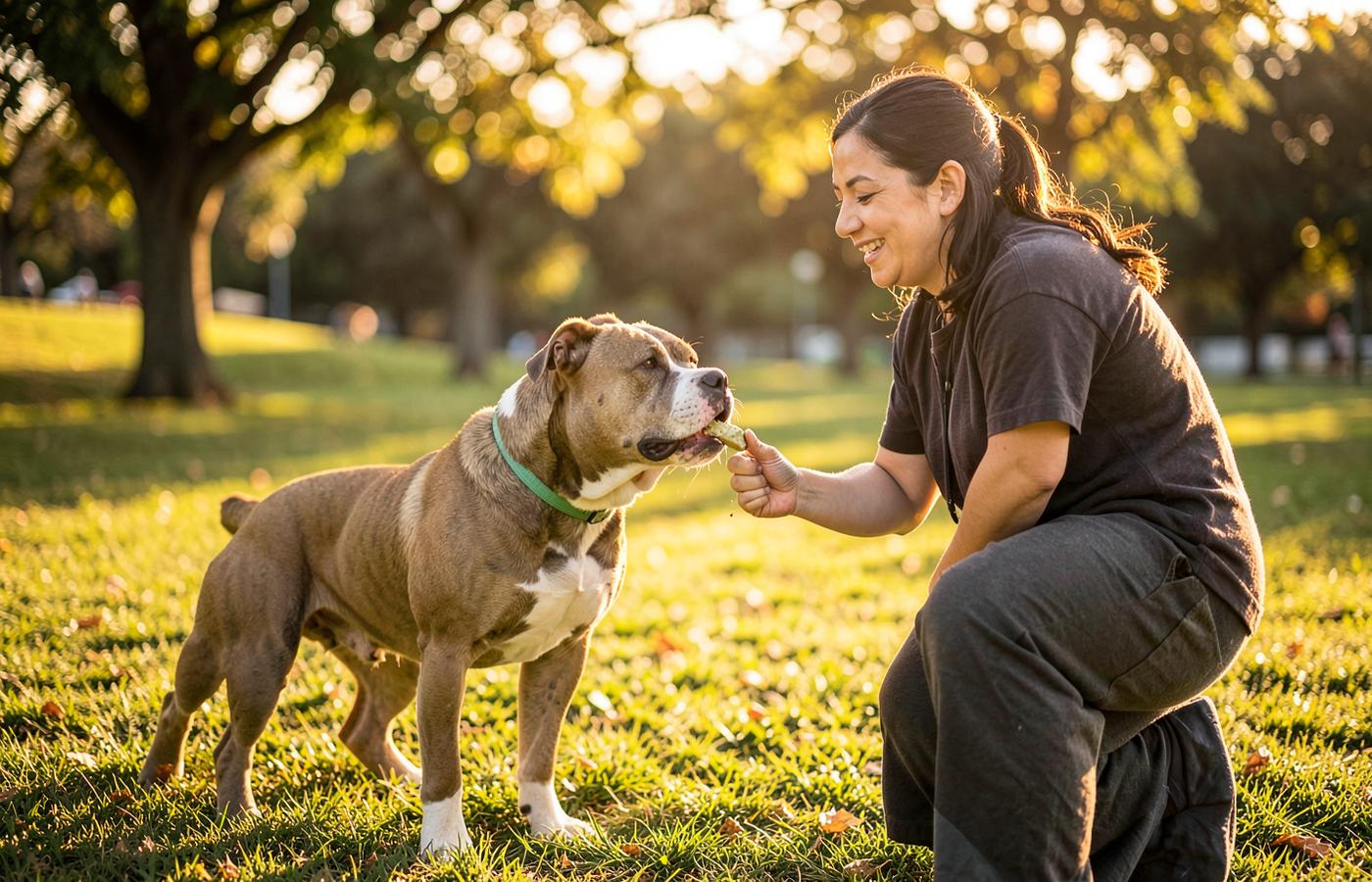 A person rewarding a pitbull with a treat during training in a sunny park