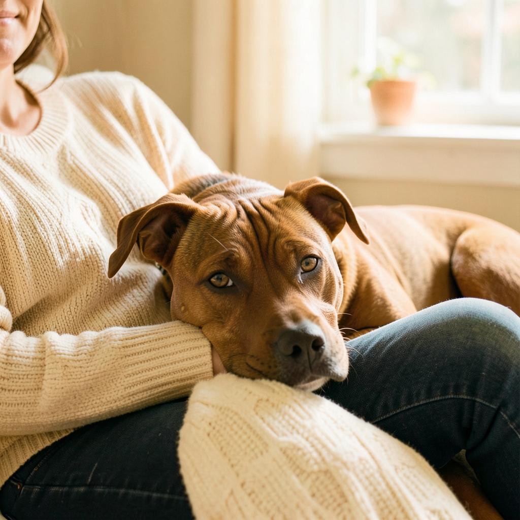 A brown pitbull resting its head gently on its owner's lap indoors