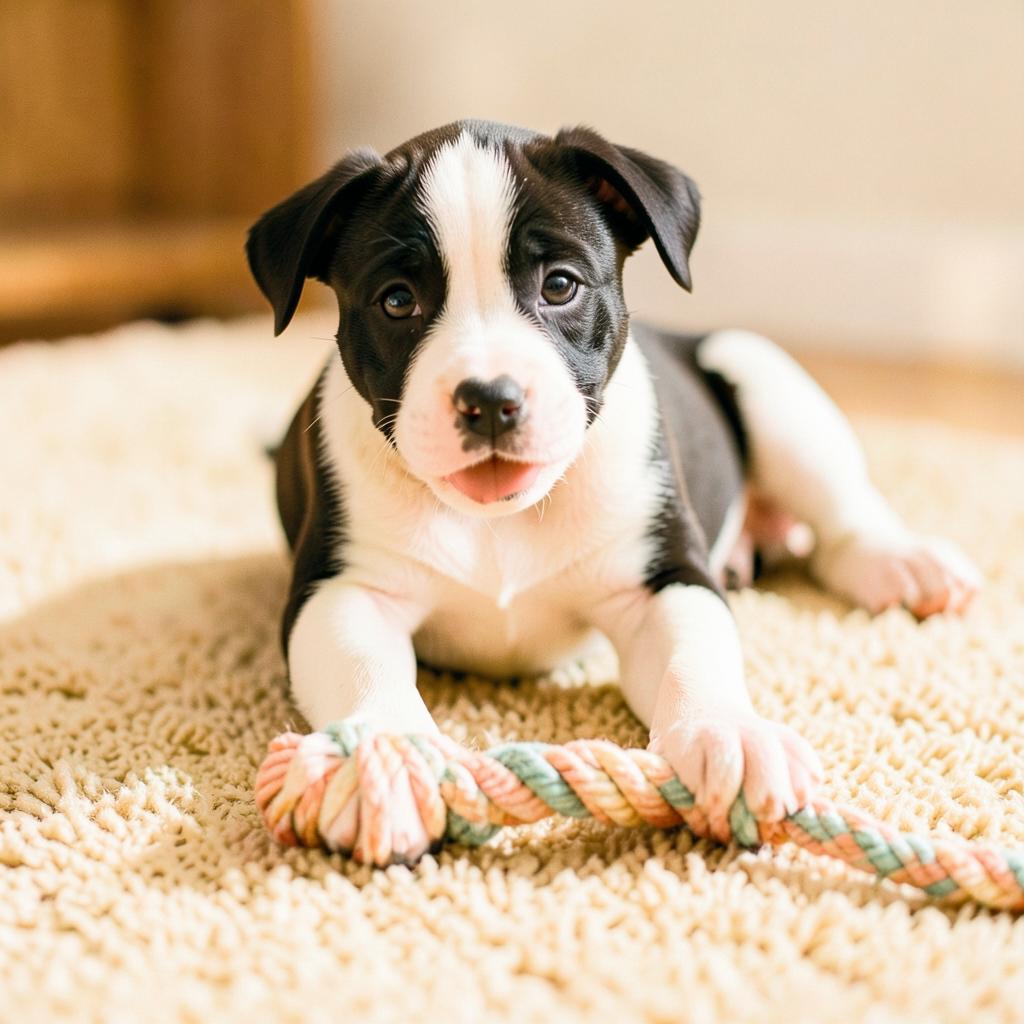 A black and white pitbull puppy playing with a rope toy