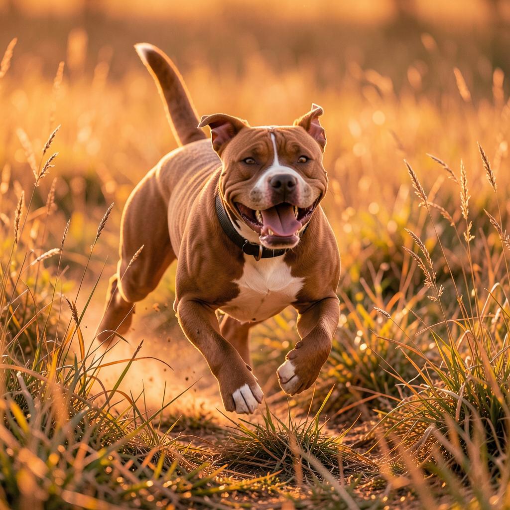 A tan pitbull running joyfully through tall golden grass