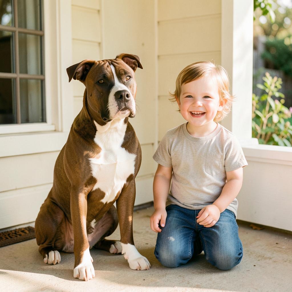 A pitbull sitting calmly beside a smiling toddler on a porch
