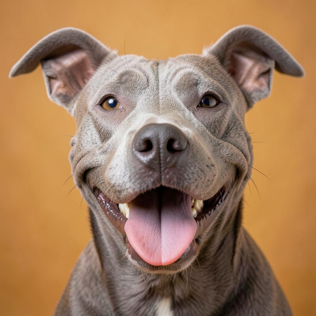 Close-up of a grey pitbull grinning with its tongue out