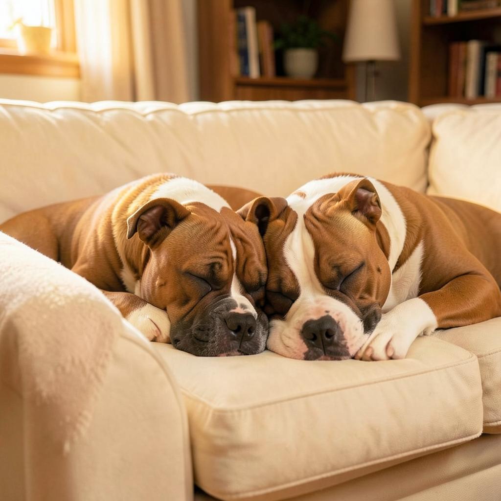 Two pitbulls asleep, heads together, on a cream sofa