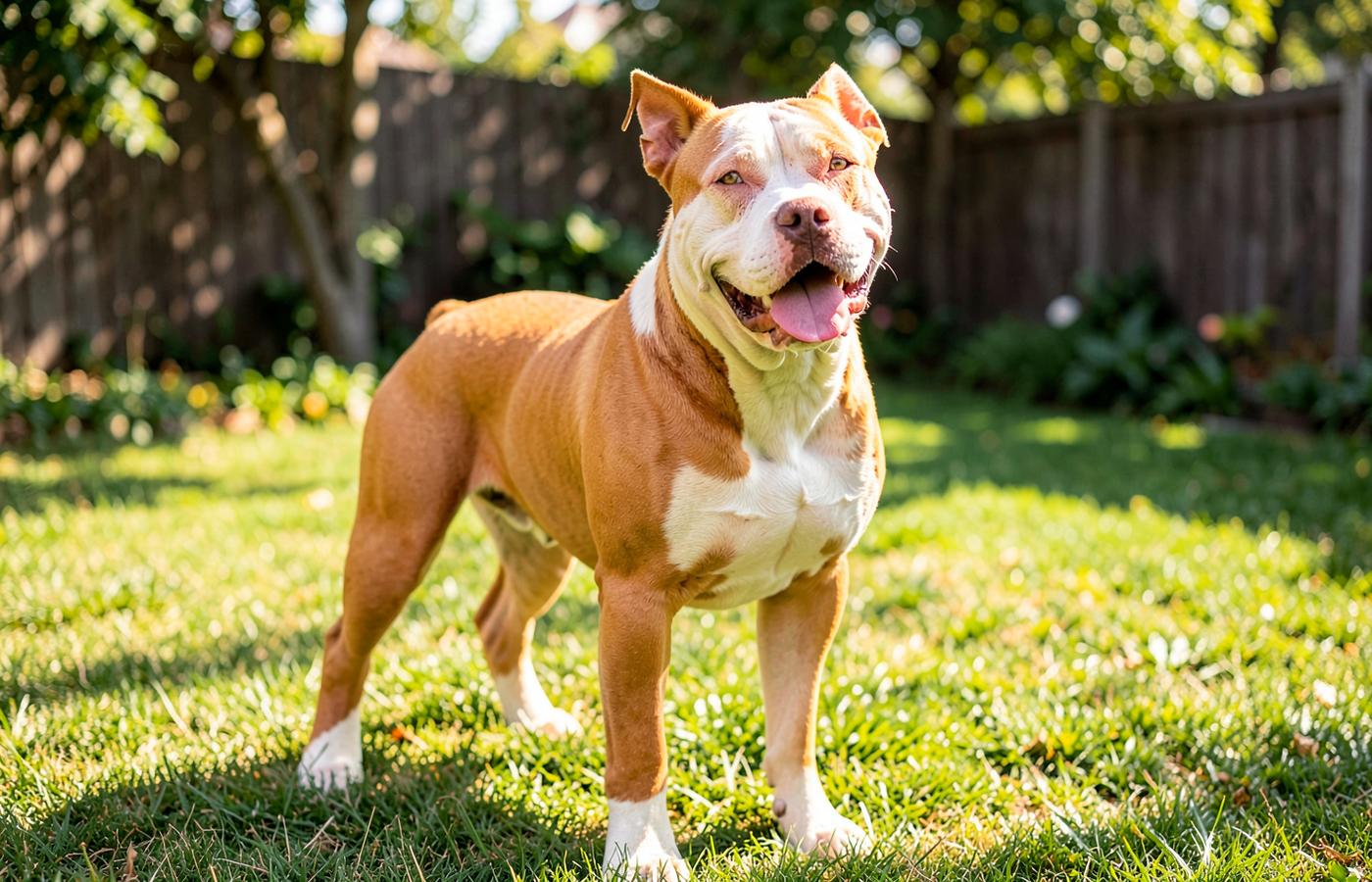 A healthy tan and white pitbull standing in a sunny back garden